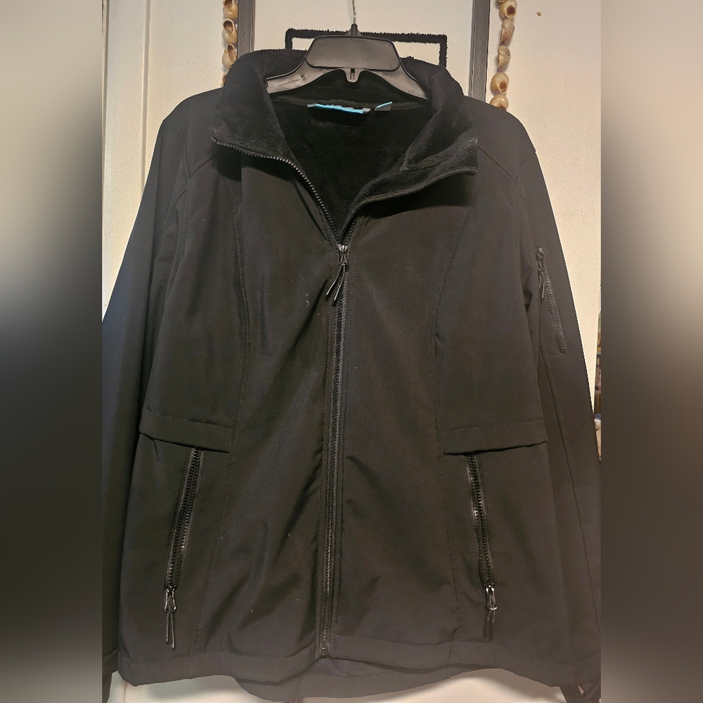 Free Country Black Fleeced Lined Zip-Up Jacket Removable Hood, Thumb Inserts XL
